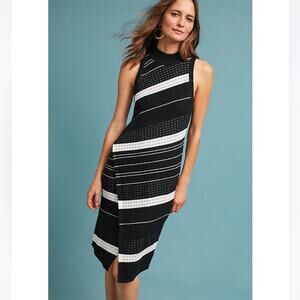 Anthropologie Moth Velda Asymmetrical Stripe Black White knit Dress mock neck M